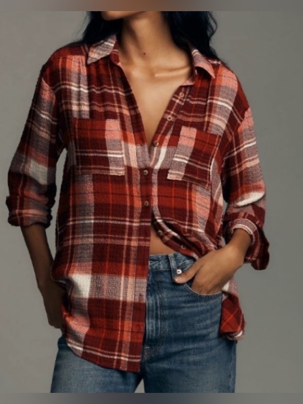 Pilcro Women’s Red Plaid Button-Up Shirt - Casual Flannel Top